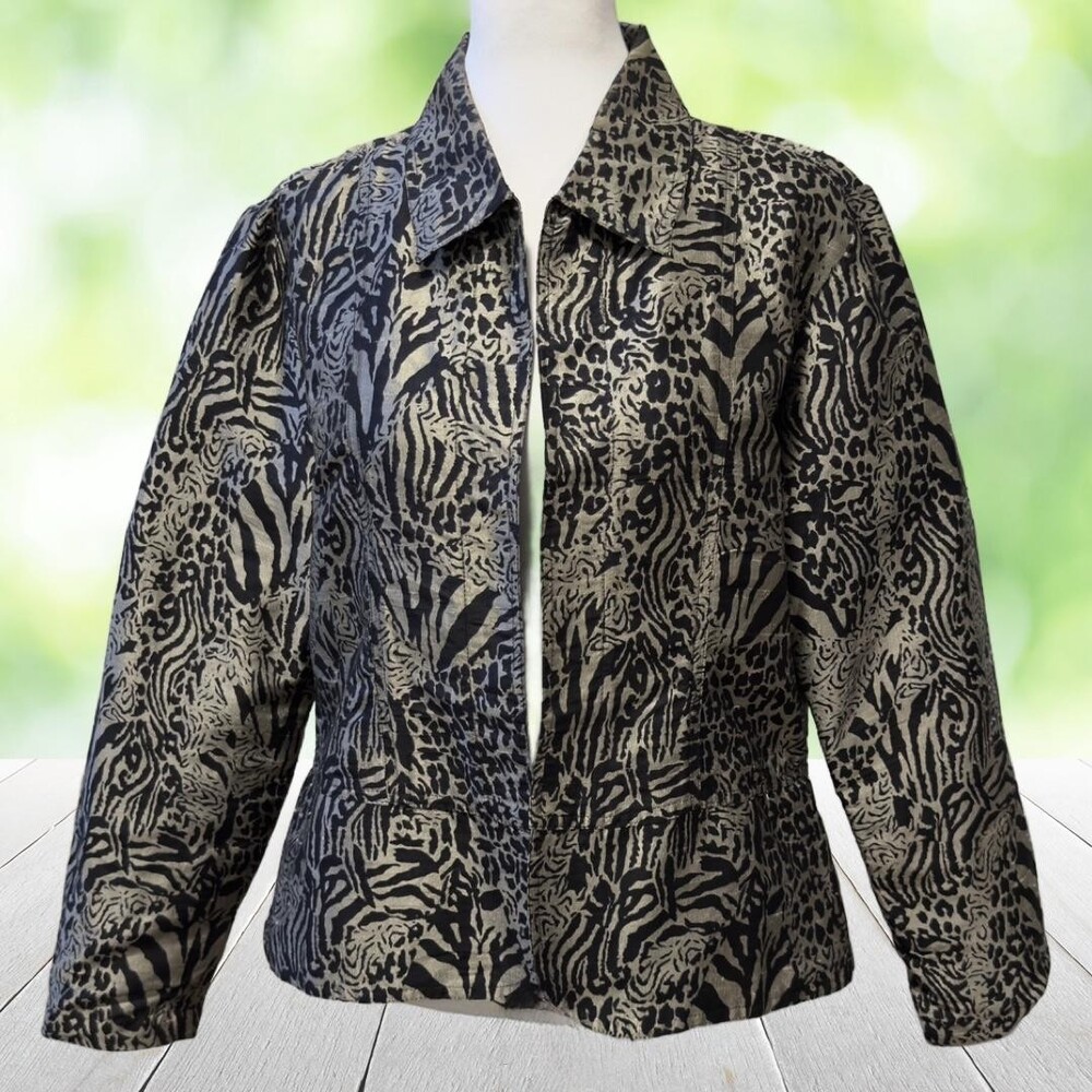 Vintage CHICOS Silk Jacket Glam Animal Print Black Gold Jacquard 90s Size 1 (M)
